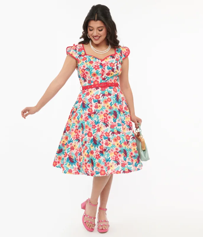 Voodoo Vixen 1950s Multicolor Floral Cat Print Fit & Flare Dress made by Unique Vintage