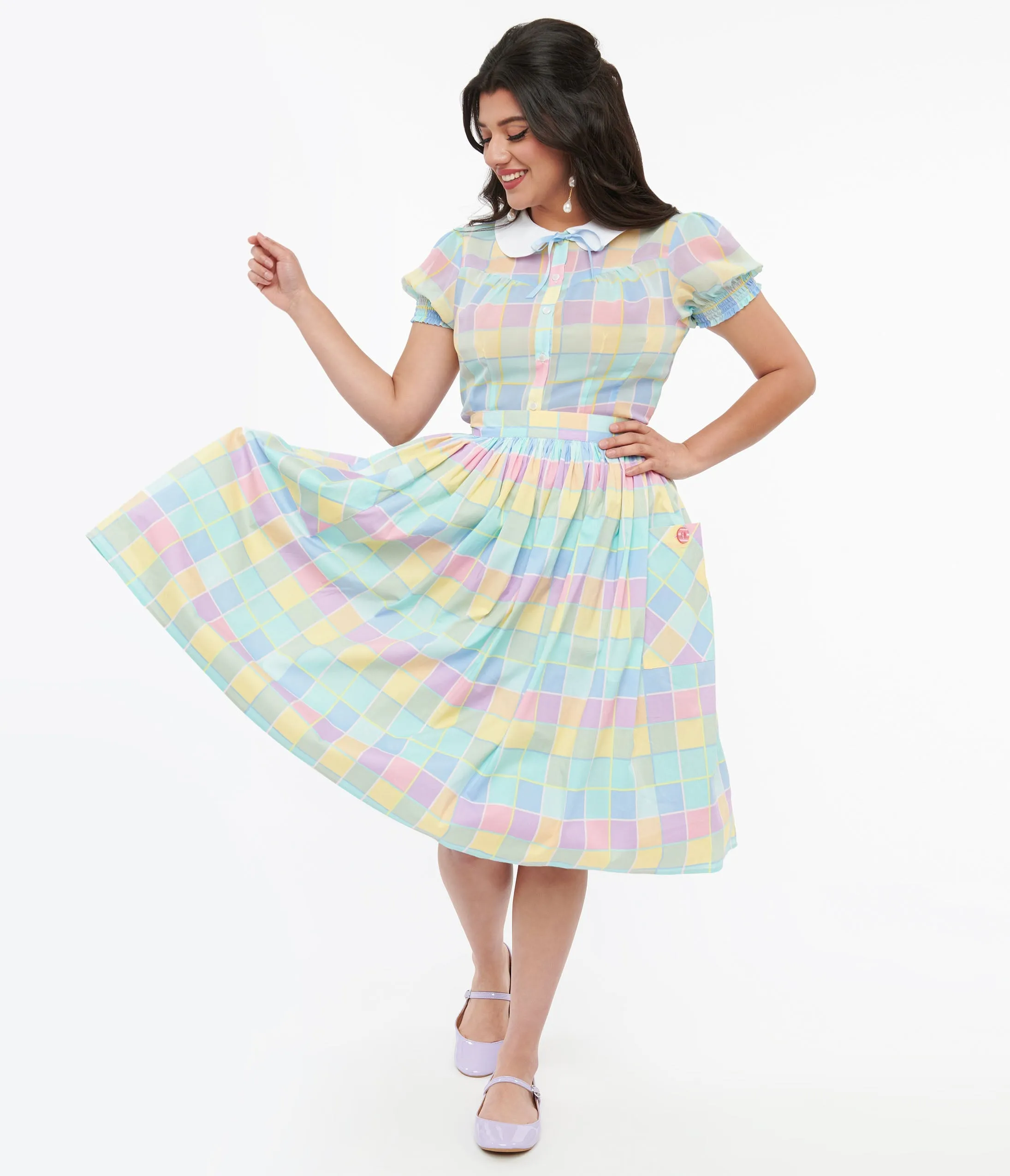 Hell Bunny 1950s Pastel Check Cotton Skye Swing Skirt sold by Unique Vintage
