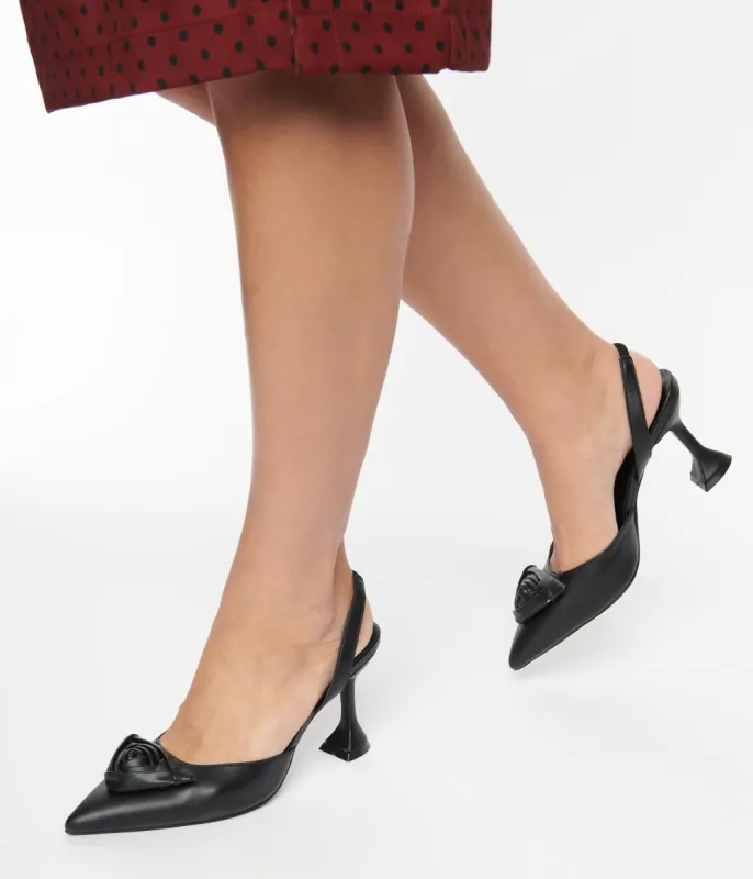 Unique Vintage Black Leatherette Rose Pointed Toe Heels sold by Unique Vintage