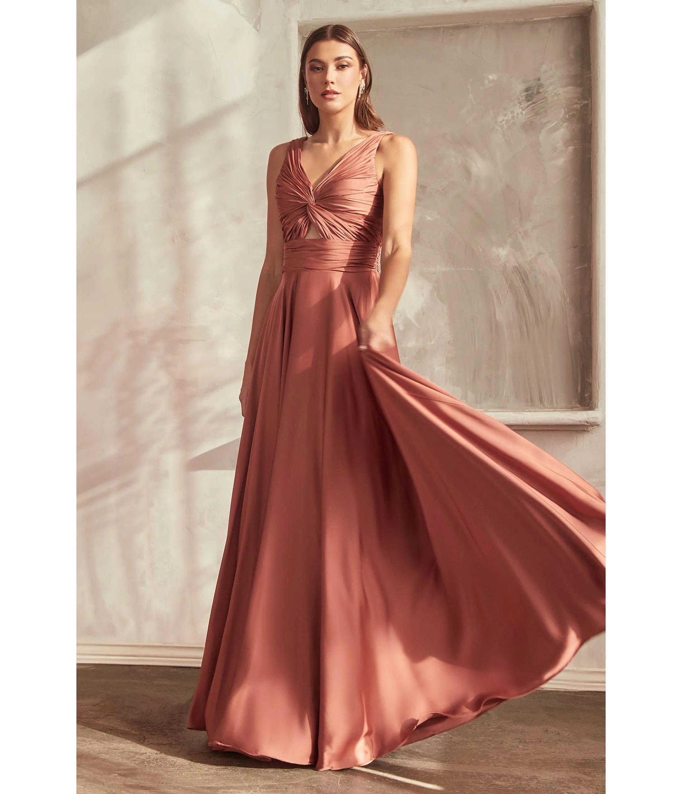 Cinderella Divine Sienna Satin Ruched Knotted Keyhole Evening Gown sold by Unique Vintage
