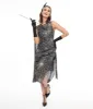 Unique Vintage 1920s Black & Silver Sequin Spider Web Draped Flapper Dress sold by Unique Vintage