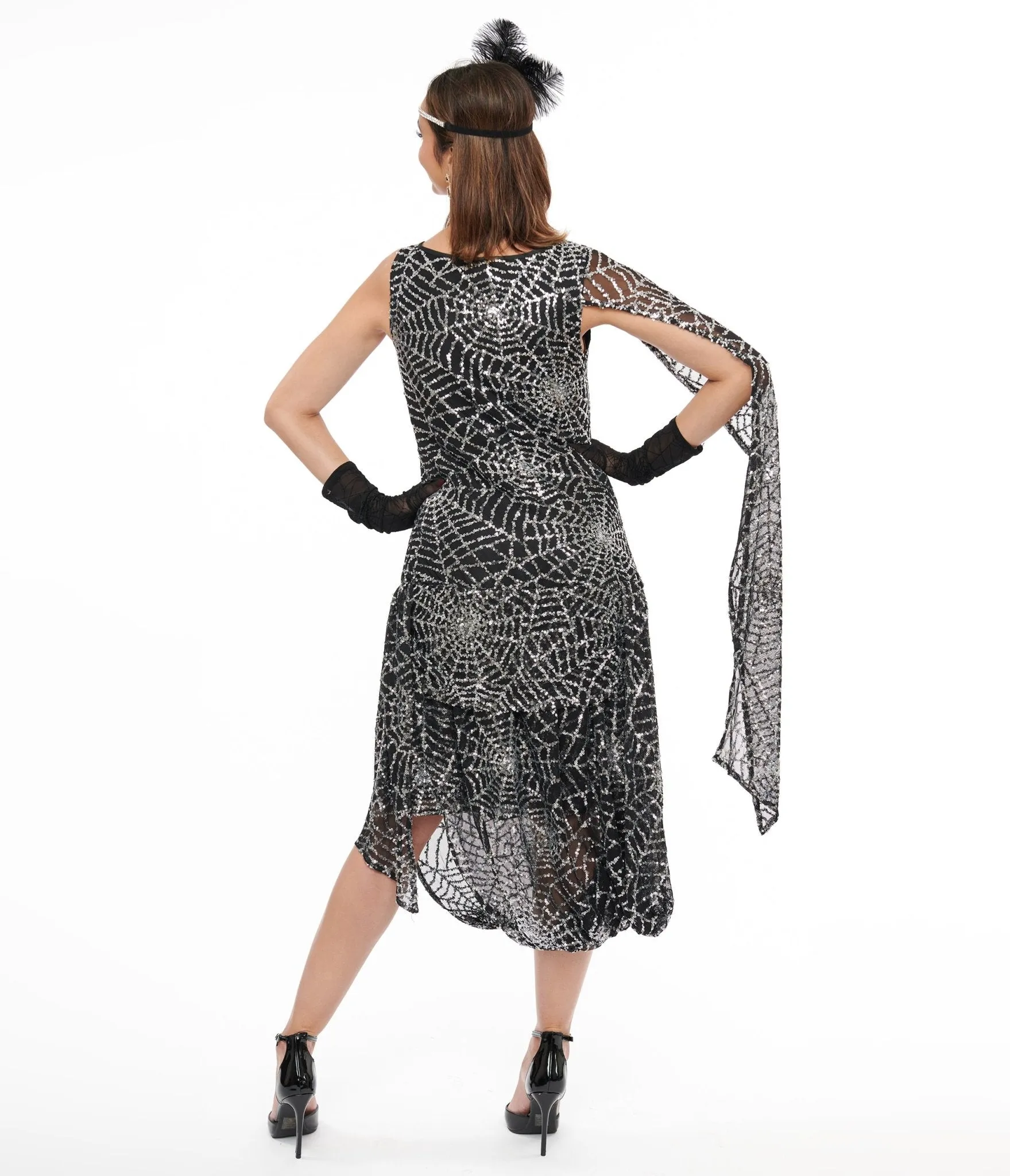 Unique Vintage 1920s Black & Silver Sequin Spider Web Draped Flapper Dress sold by Unique Vintage product image thumbnail 2