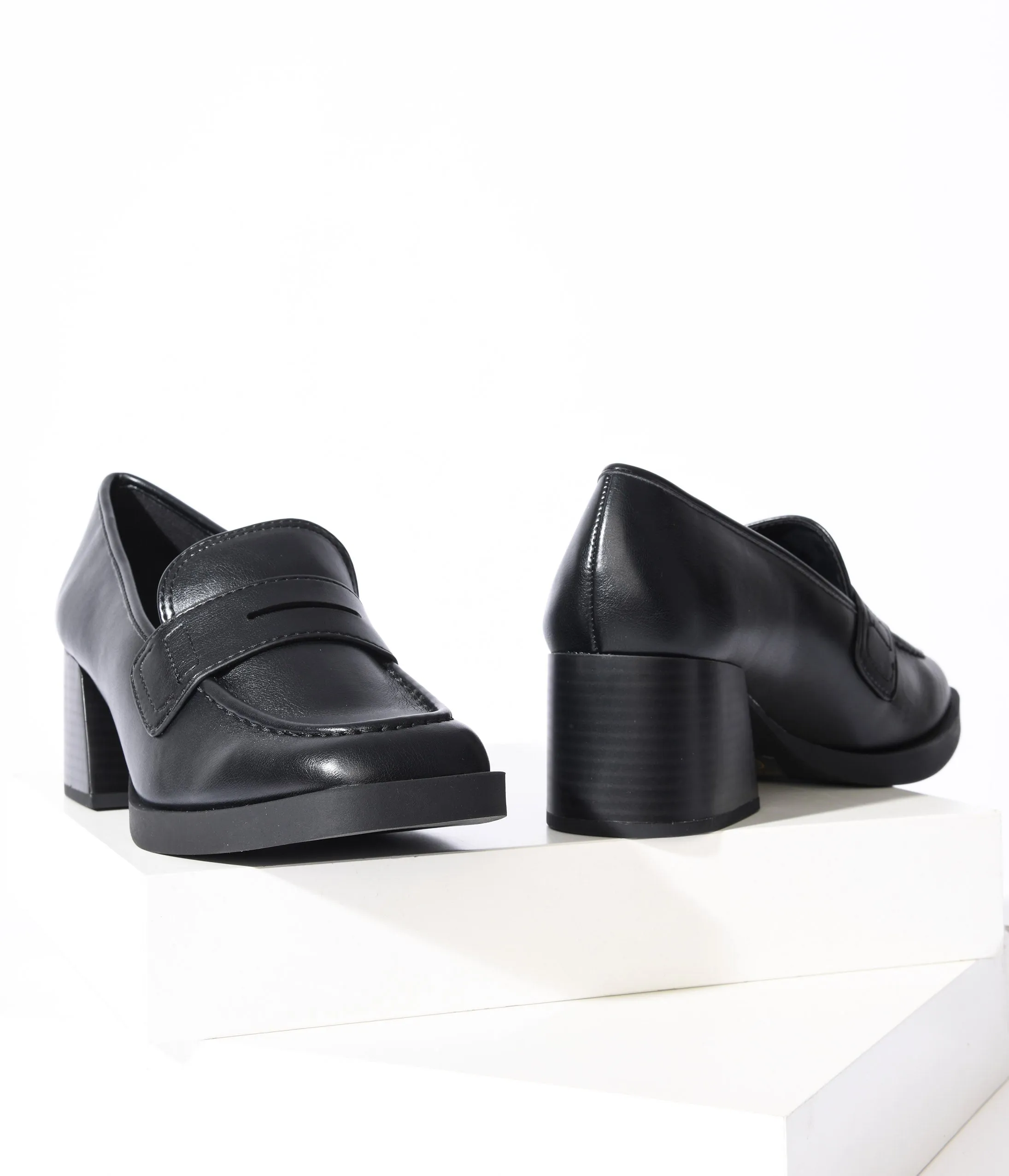 Black Leatherette Chunky Heel Loafers sold by Unique Vintage product image thumbnail 3
