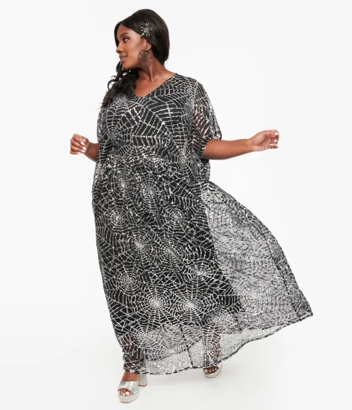 Unique Vintage Black & Silver Sequin Spider Web Burton Caftan Dress sold by Unique Vintage