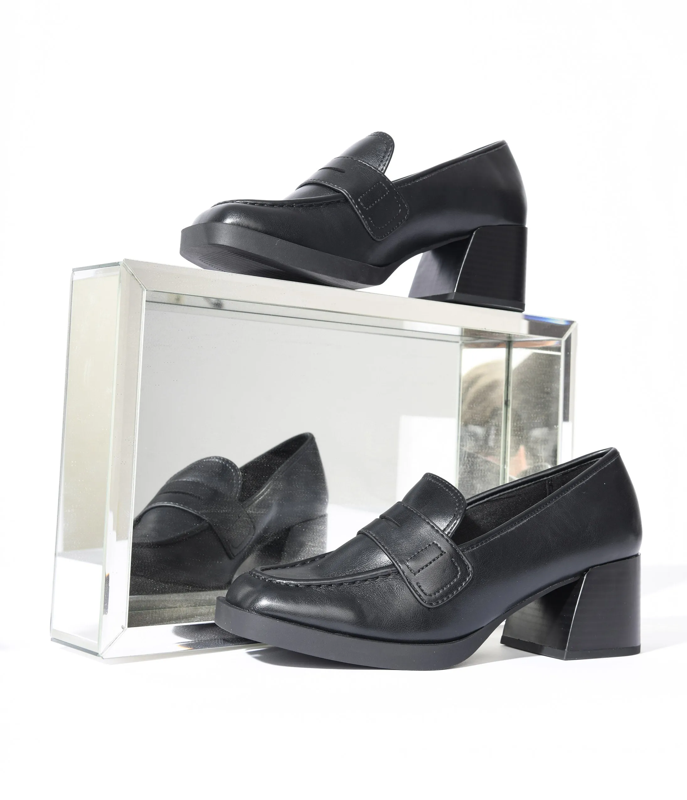 Black Leatherette Chunky Heel Loafers sold by Unique Vintage