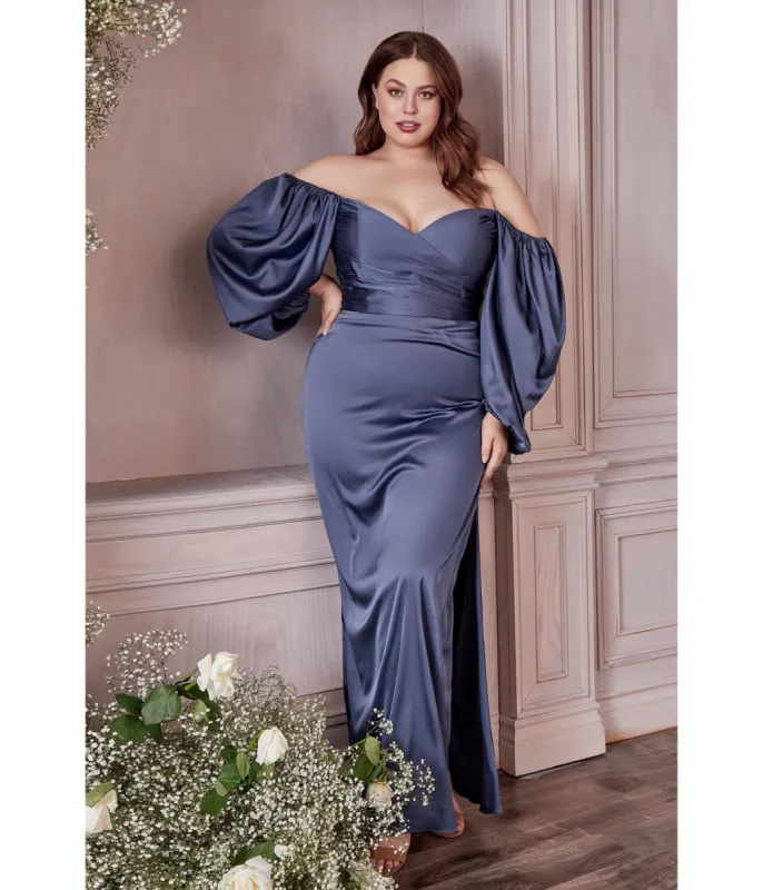 Cinderella Divine Plus Size Smoky Blue Satin Long Sleeve Bridesmaid Dress sold by Unique Vintage