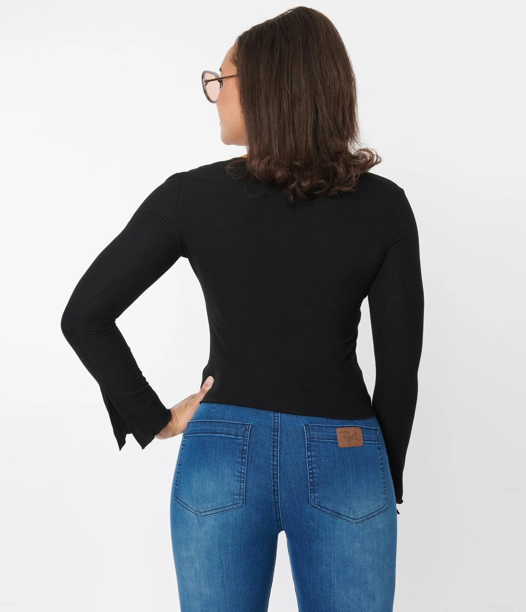 Black Scallop Hem Ruched Long Sleeve Top sold by Unique Vintage product image thumbnail 3