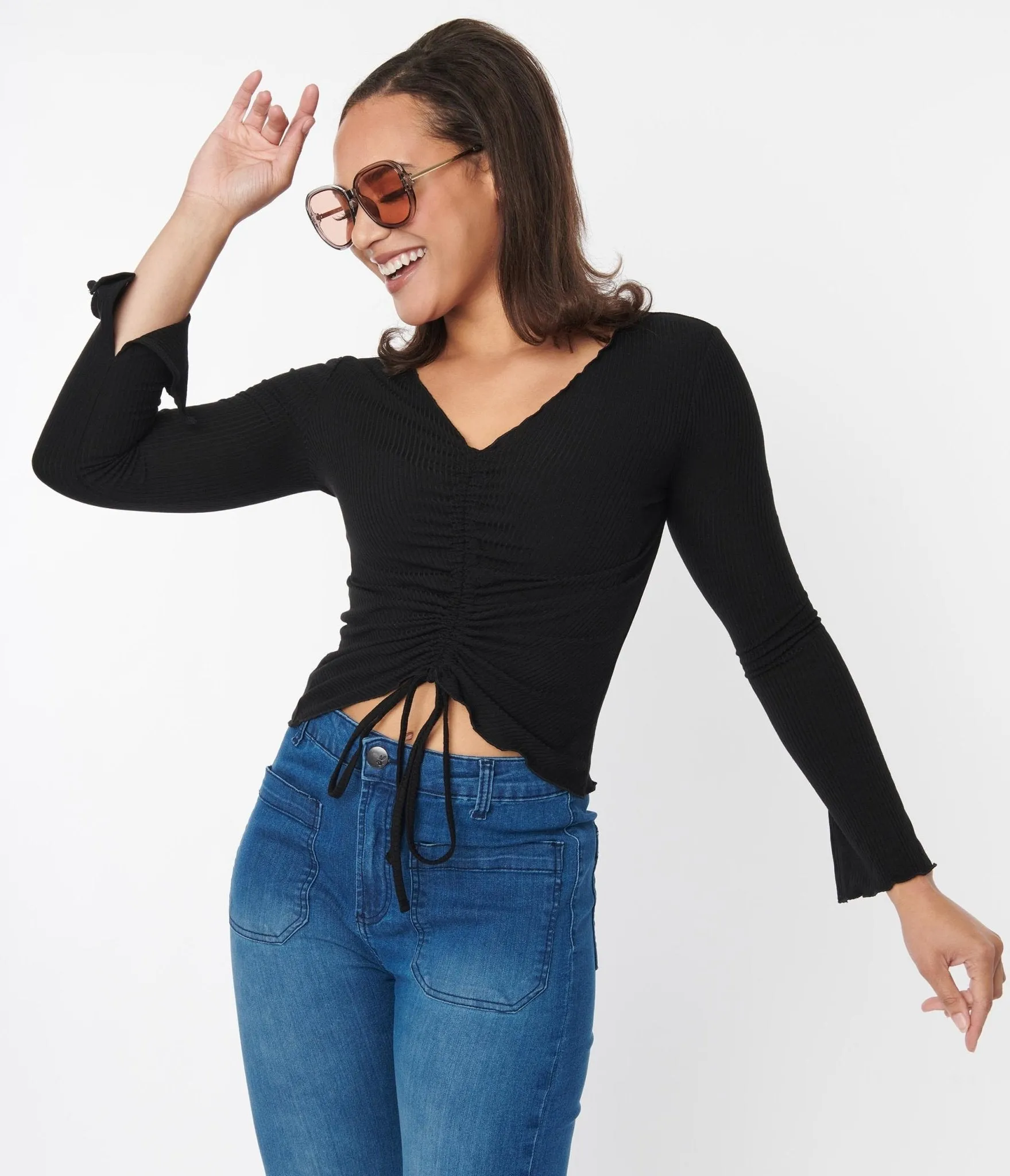 Black Scallop Hem Ruched Long Sleeve Top sold by Unique Vintage product image thumbnail 4
