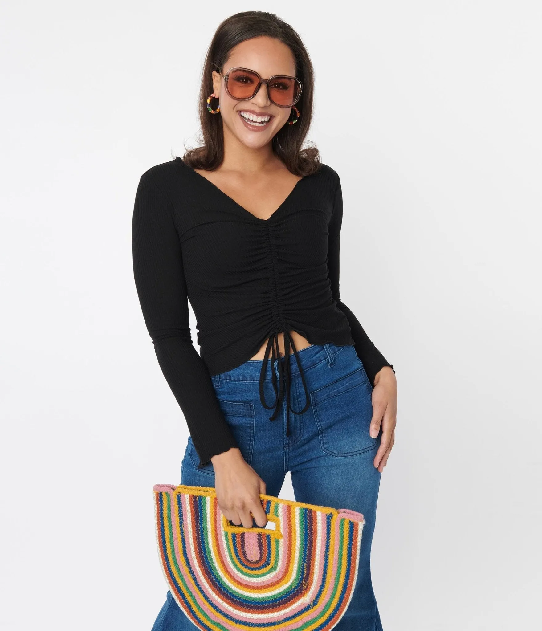 Black Scallop Hem Ruched Long Sleeve Top sold by Unique Vintage