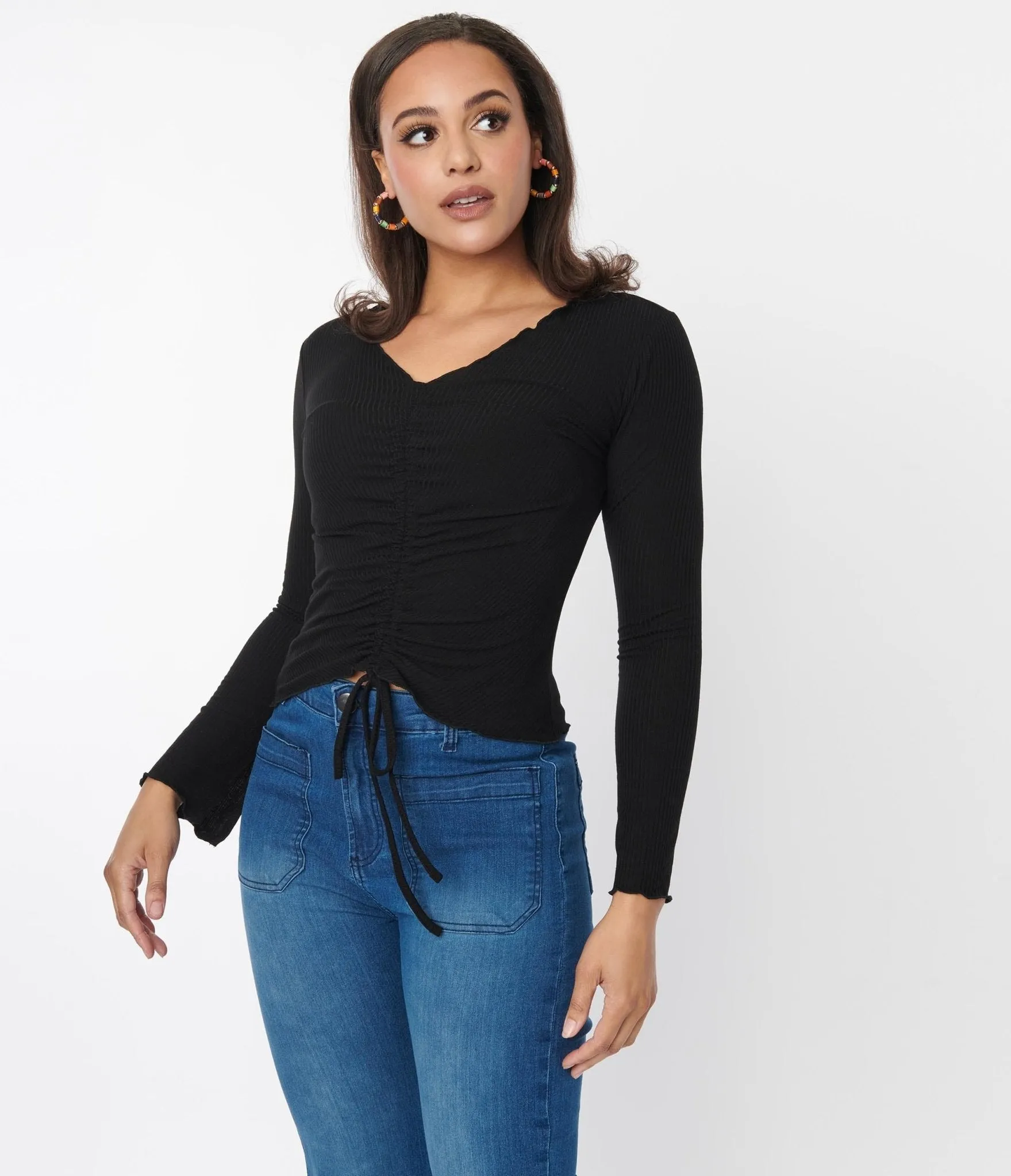 Black Scallop Hem Ruched Long Sleeve Top sold by Unique Vintage product image thumbnail 5