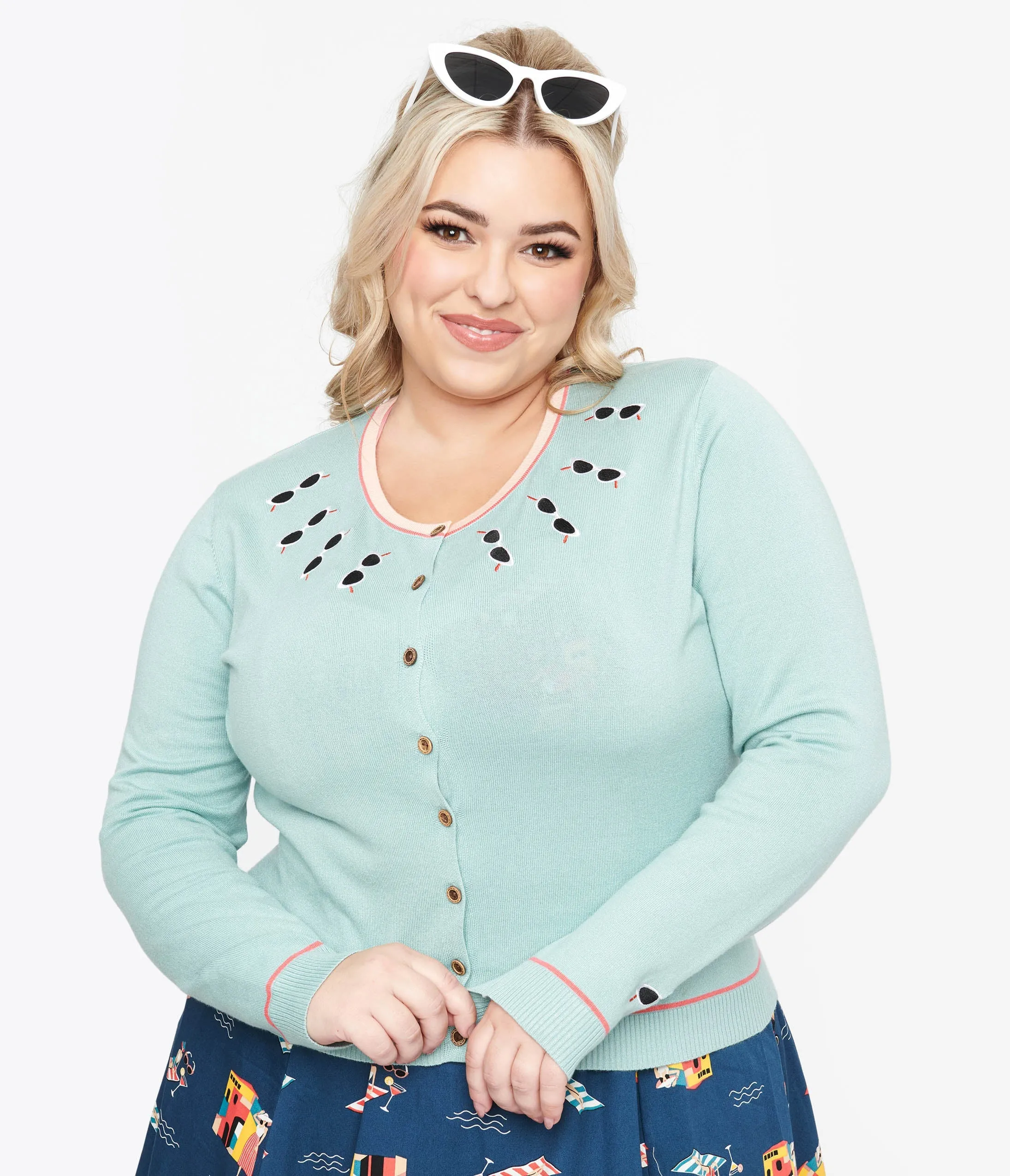 Plus Size 1950s Seafoam Green & Sunglasses Cardigan sold by Unique Vintage product image thumbnail 3