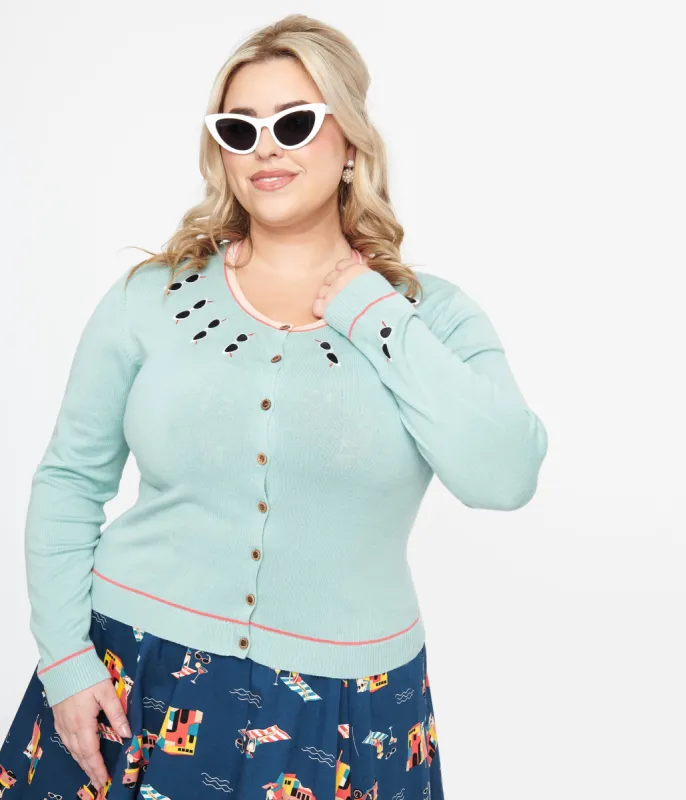 Plus Size 1950s Seafoam Green & Sunglasses Cardigan sold by Unique Vintage