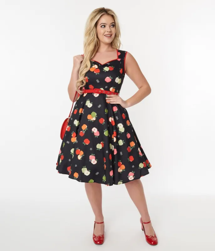 Voodoo Vixen Black & Apples Flare Dress made by Unique Vintage
