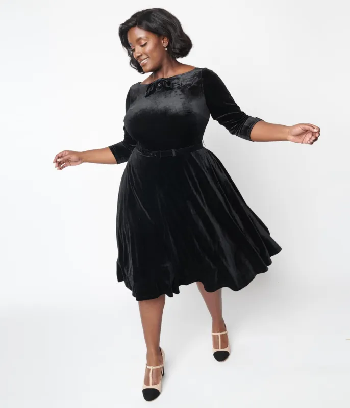 Unique Vintage Black Velvet Faux Bow Devon Swing Dress sold by Unique Vintage
