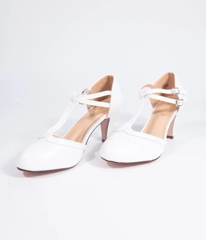 Vintage Style White Leatherette Round Toe T-Strap Heels sold by Unique Vintage