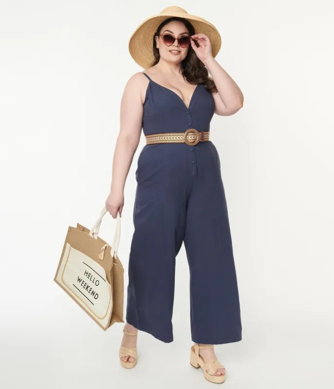 Plus Size Navy Blue V-Neck Jumpsuit sold by Unique Vintage