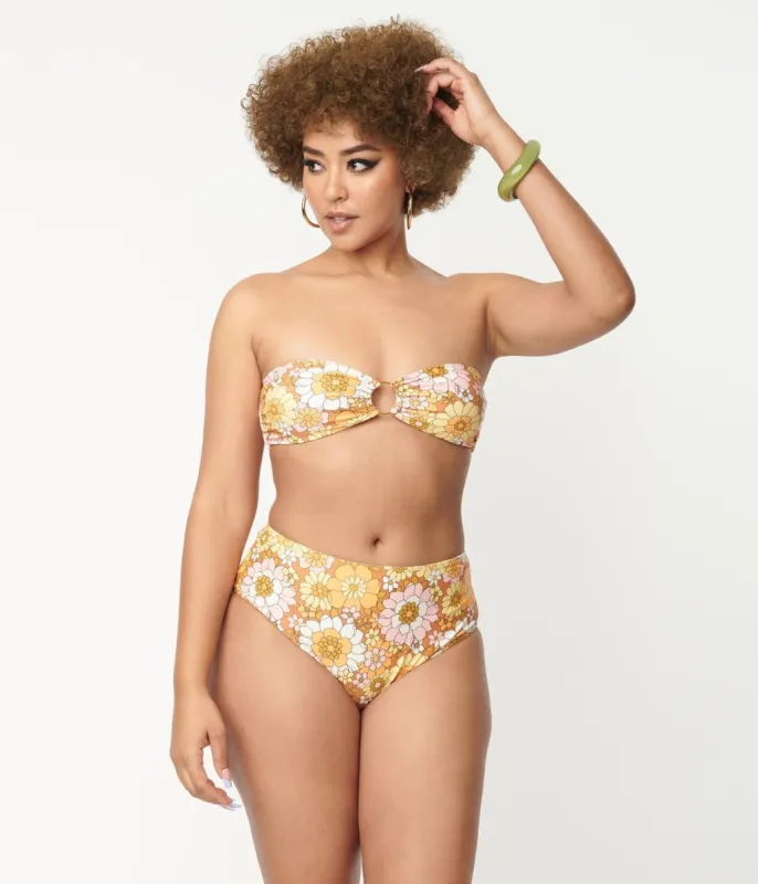 Magnolia Place 1970s Mustard Floral Print Two Piece Swimsuit sold by Unique Vintage