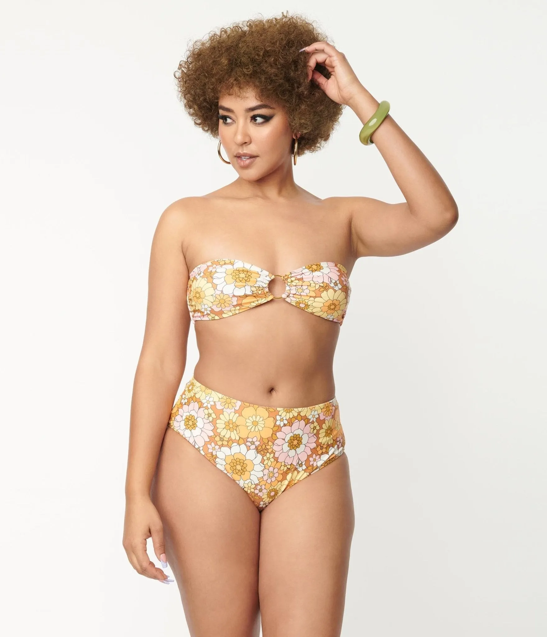 Magnolia Place 1970s Mustard Floral Print Two Piece Swimsuit sold by Unique Vintage