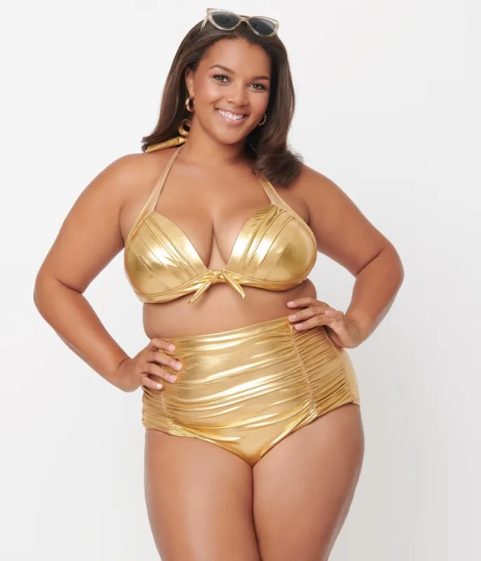 Unique Vintage Plus Size Gold Monroe High Waist Swim Bottom sold by Unique Vintage