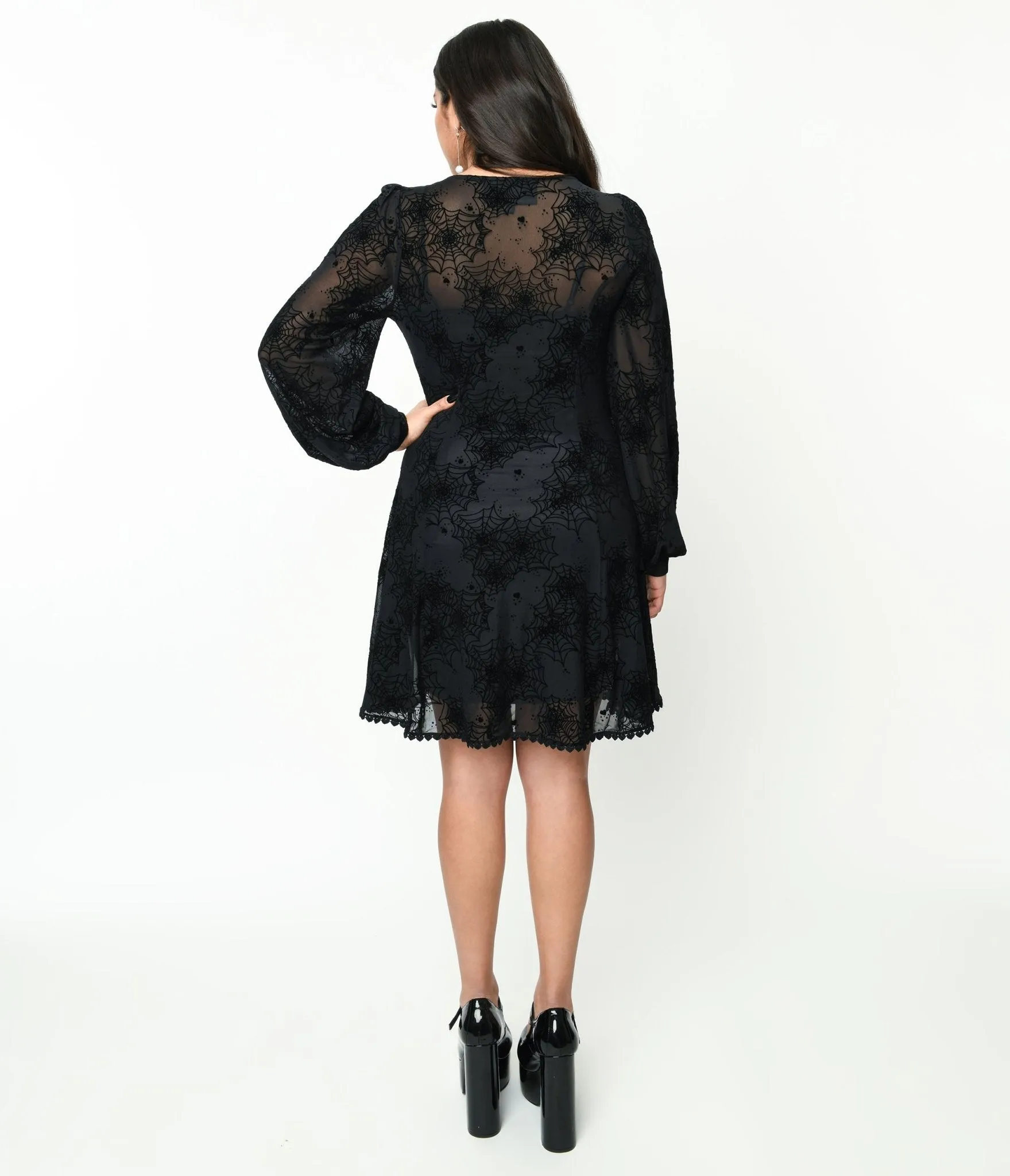 Black Flocked Spiderweb Penny Mini Dress sold by Unique Vintage product image thumbnail 3