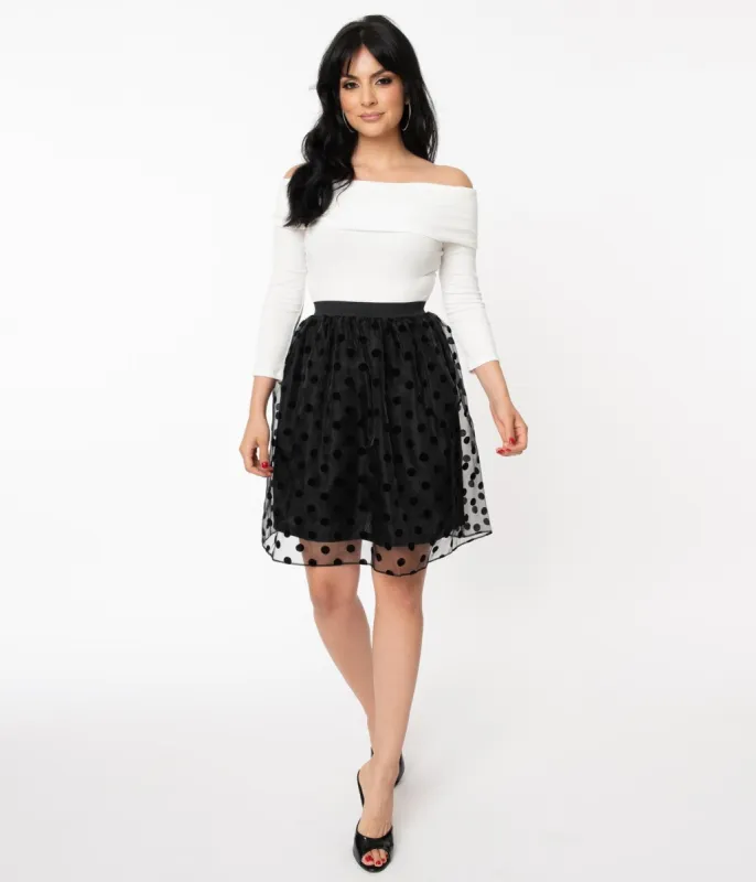 Magnolia Place 1960s Black Swiss Dot Organza Flare Skirt sold by Unique Vintage