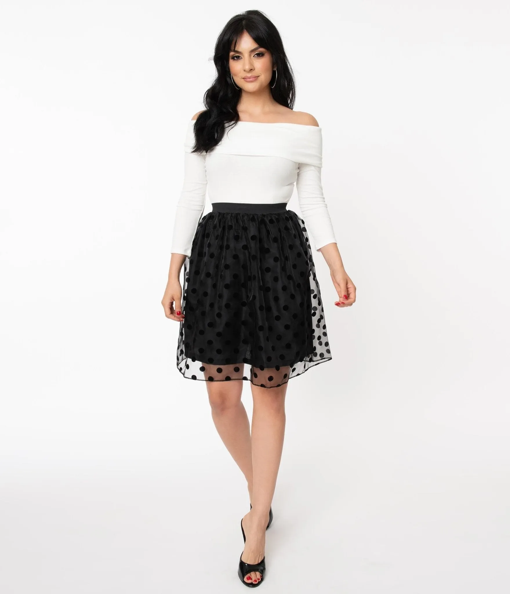 Magnolia Place 1960s Black Swiss Dot Organza Flare Skirt sold by Unique Vintage