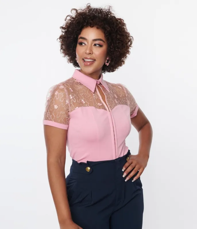 Unique Vintage Light Pink & Floral Mesh Sweetheart Top sold by Unique Vintage