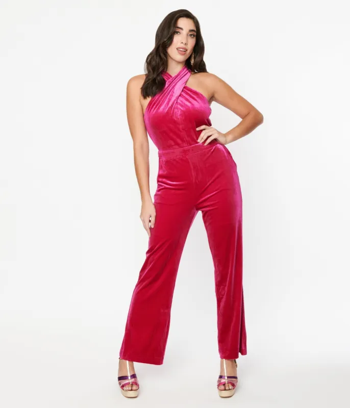 1970s Hot Pink Velvet Halter Jumpsuit sold by Unique Vintage