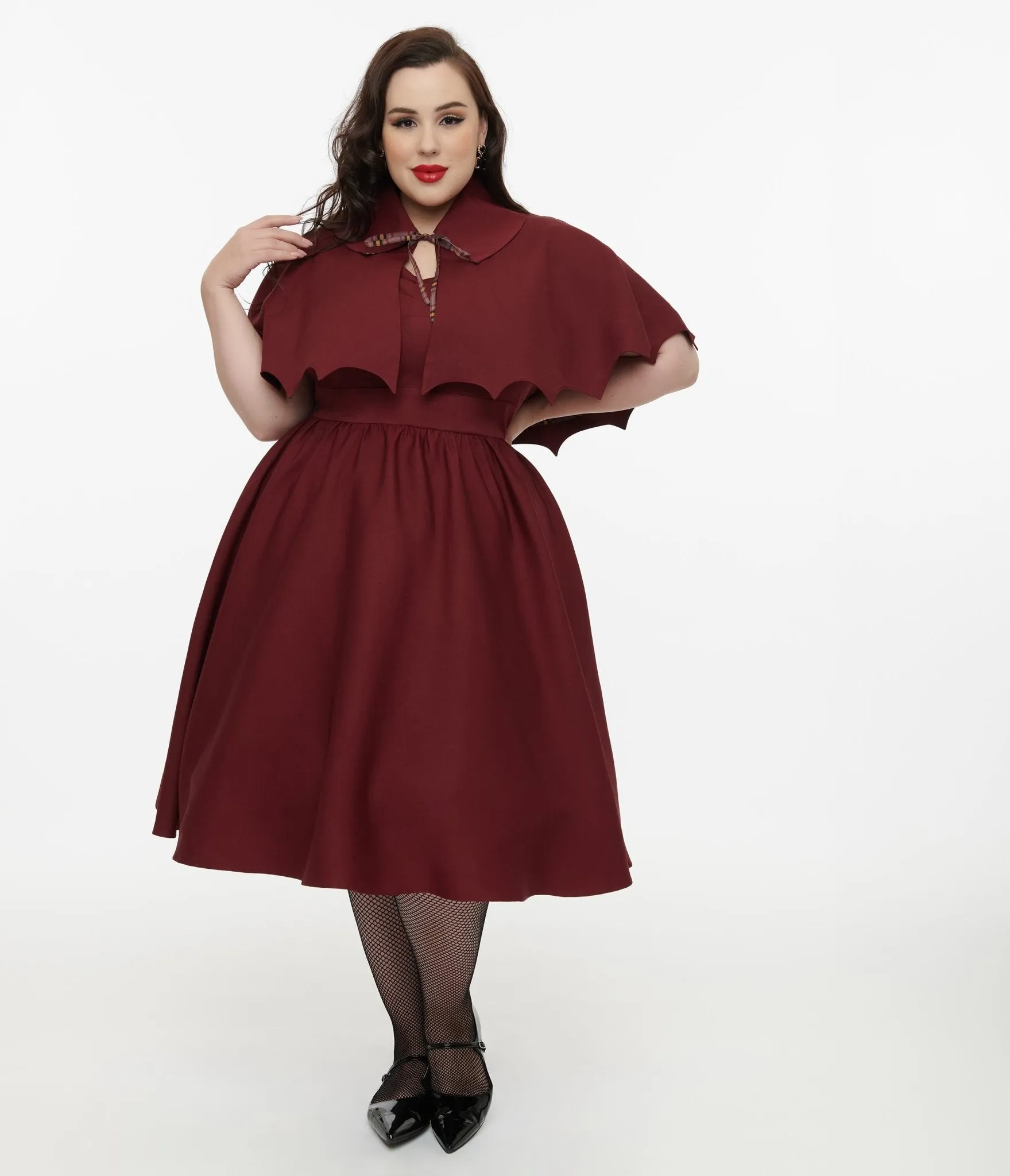 Disney Hocus Pocus Collection by Unique Vintage Plus Size Burgundy & Grey Plaid Hocus Pocus Capelet Swing Dress sold by Unique Vintage