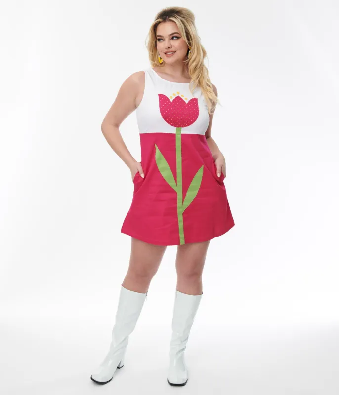 Smak Parlour Retro Style White & Pink Tulip Flower Power Shift Dress sold by Unique Vintage