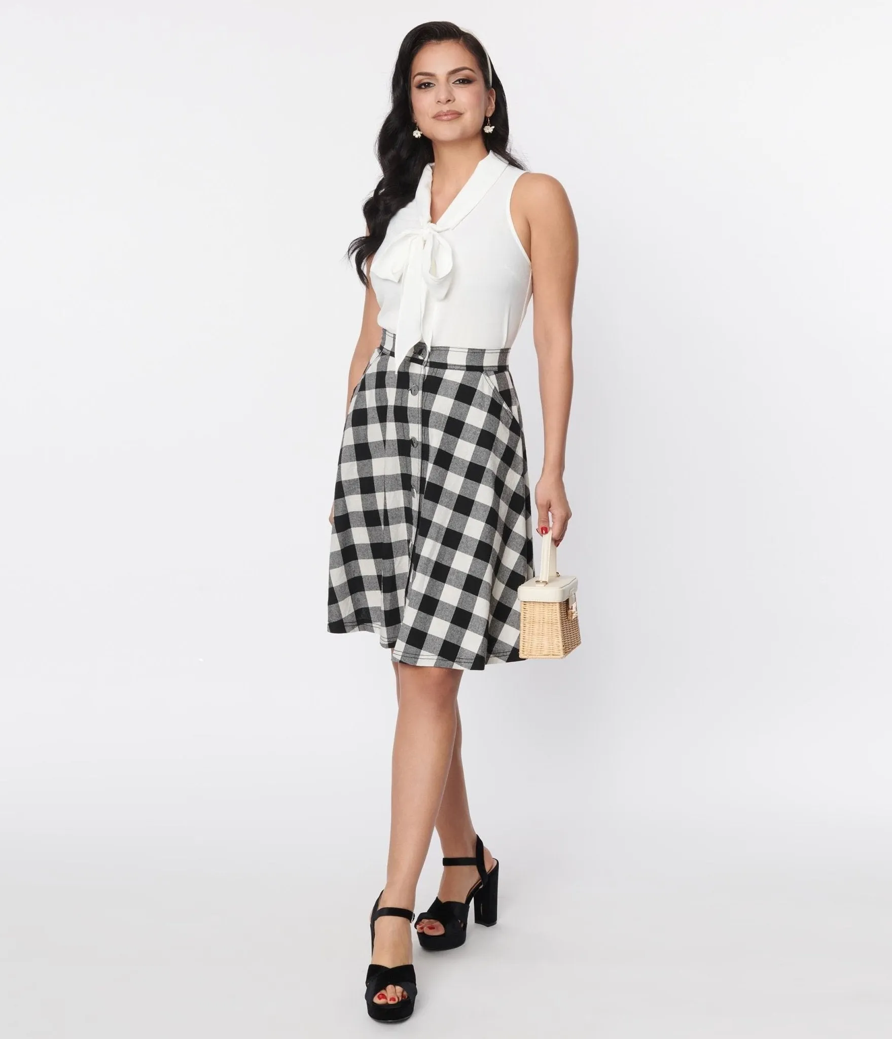 Unique Vintage Black & White Gingham Swing Skirt sold by Unique Vintage