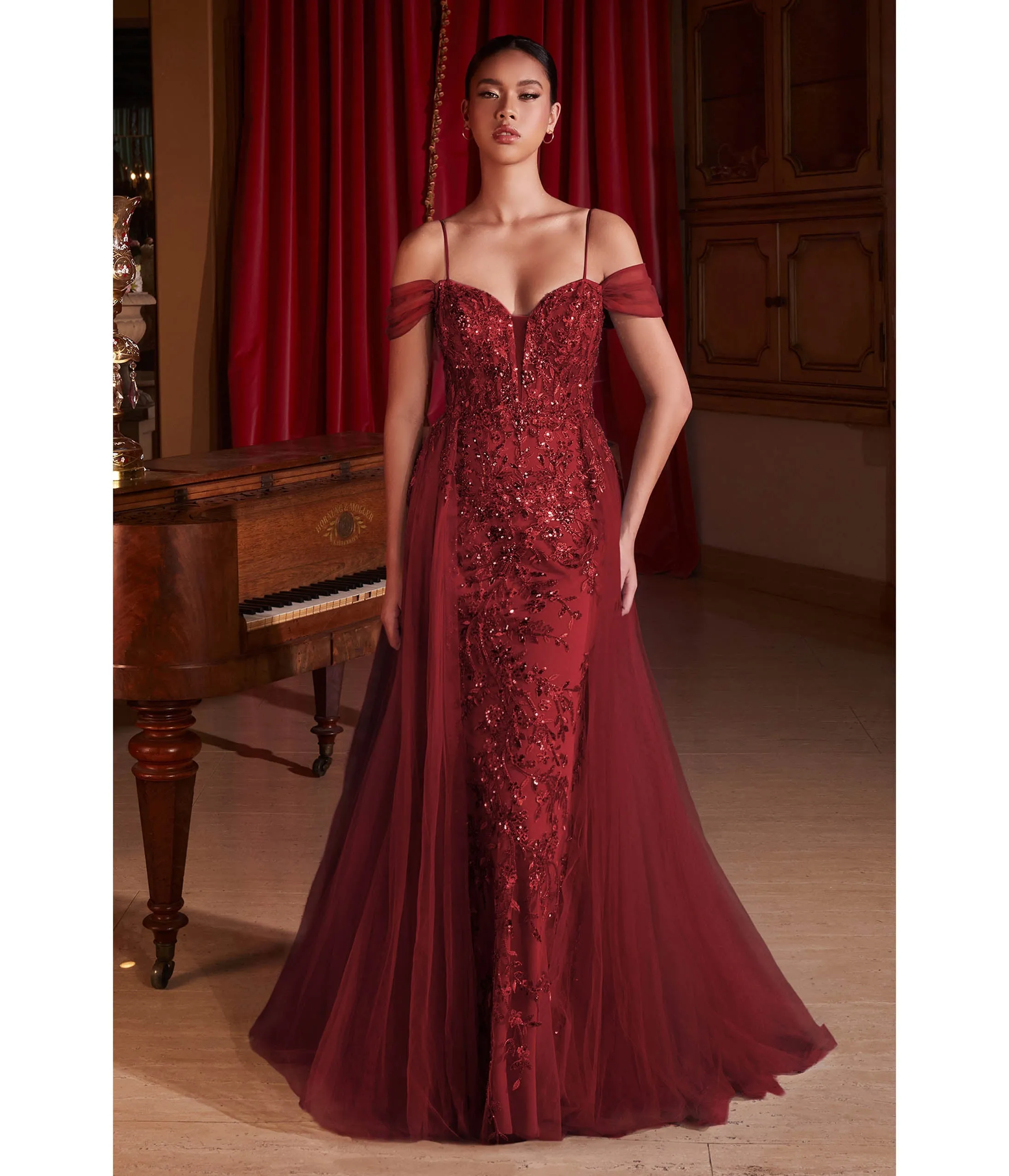 Cinderella Divine Burgundy Off Shoulder Prom Gown sold by Unique Vintage