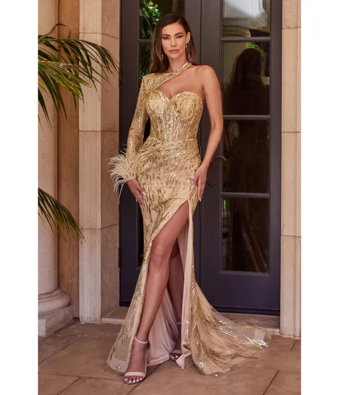 Cinderella Divine  Champagne Shimmer One Shoulder Feather Prom Gown made by Unique Vintage