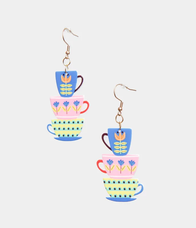 1960s Retro Teacups & Saucers Drop Earrings sold by Unique Vintage