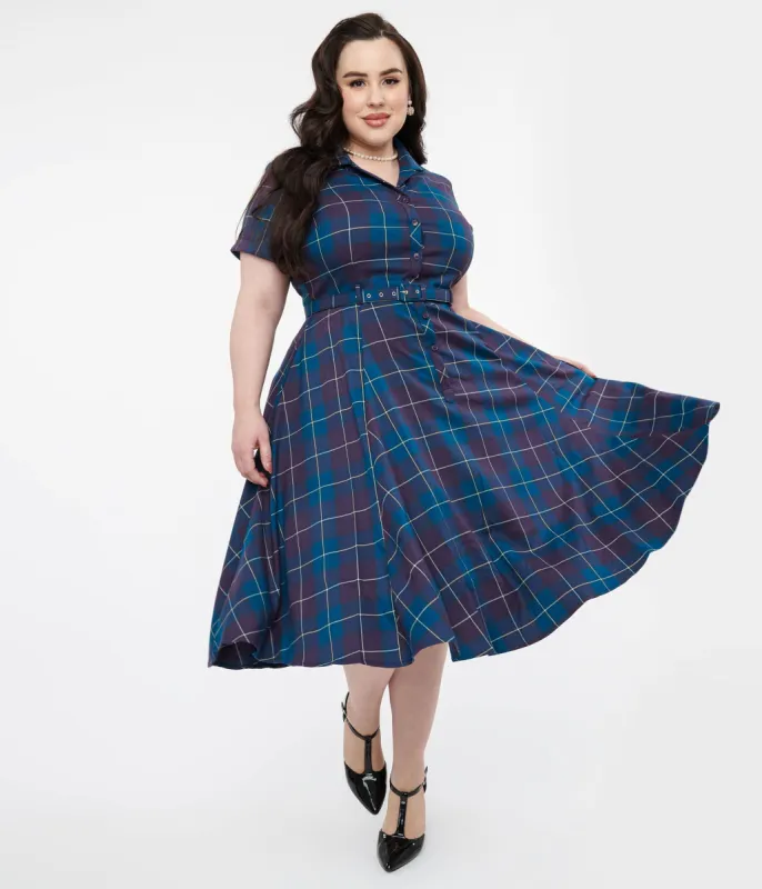 Collectif Plus Size Teal & Purple Checkered Caterina Swing Dress sold by Unique Vintage