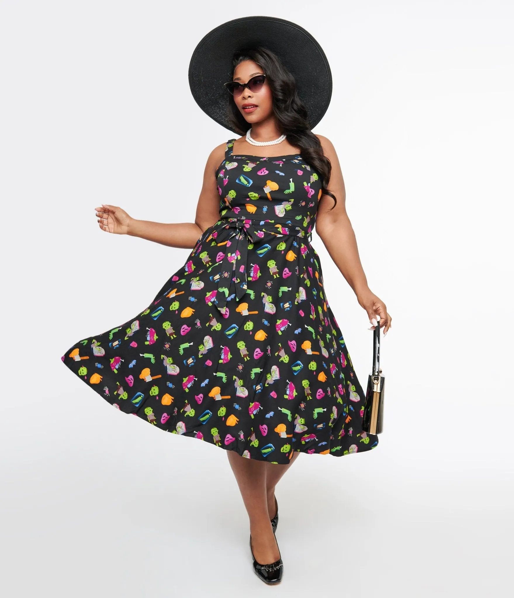 Plus Size 1950s Black Zombie Print Lori Swing Dress sold by Unique Vintage
