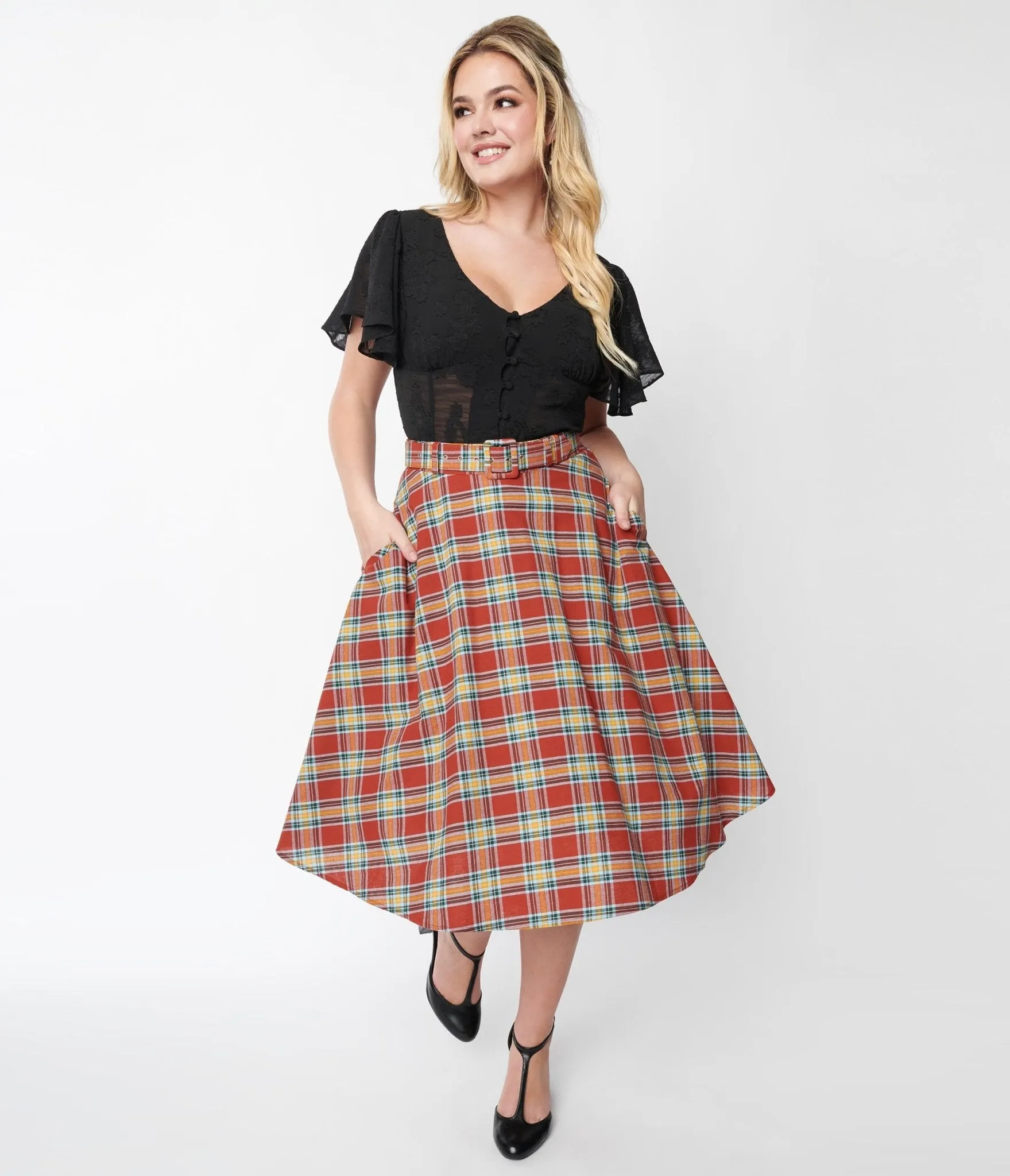 Unique Vintage Red Plaid High Waist Vivien Swing Skirt sold by Unique Vintage product image thumbnail 5