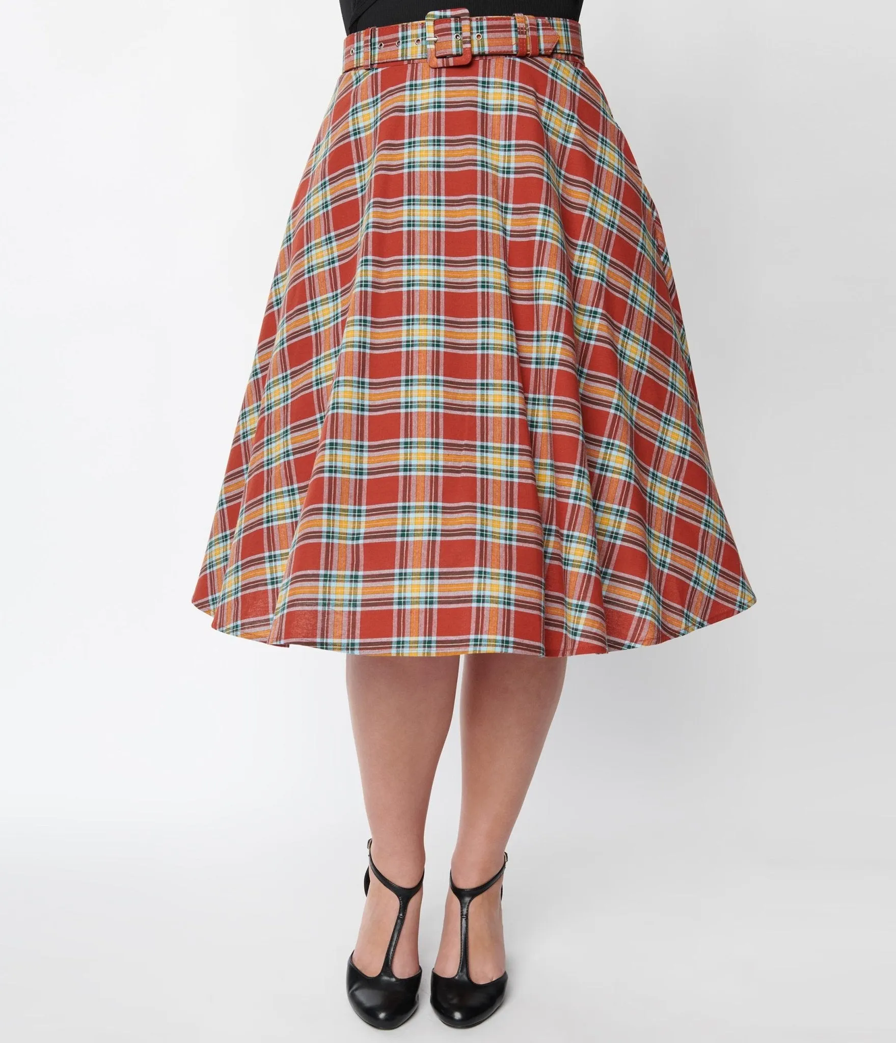 Unique Vintage Red Plaid High Waist Vivien Swing Skirt sold by Unique Vintage product image thumbnail 2