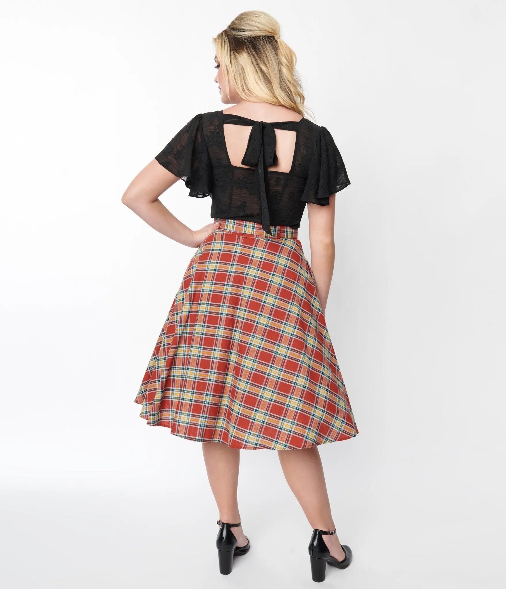 Unique Vintage Red Plaid High Waist Vivien Swing Skirt sold by Unique Vintage product image thumbnail 3