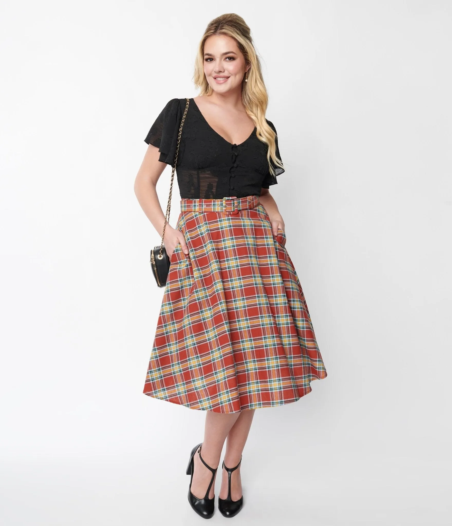 Unique Vintage Red Plaid High Waist Vivien Swing Skirt sold by Unique Vintage product image thumbnail 4