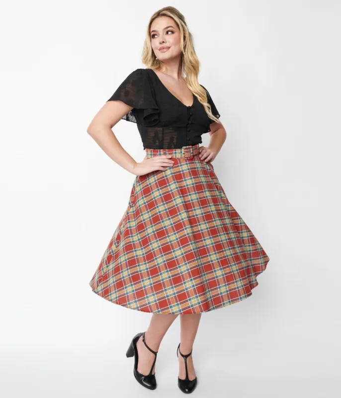 Unique Vintage Red Plaid High Waist Vivien Swing Skirt sold by Unique Vintage