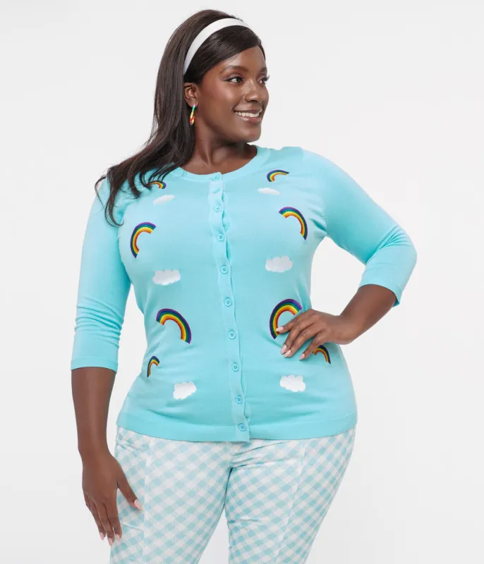 Unique Vintage Plus Size Sky Blue & Rainbow Embroidered Bookworm Cardigan sold by Unique Vintage