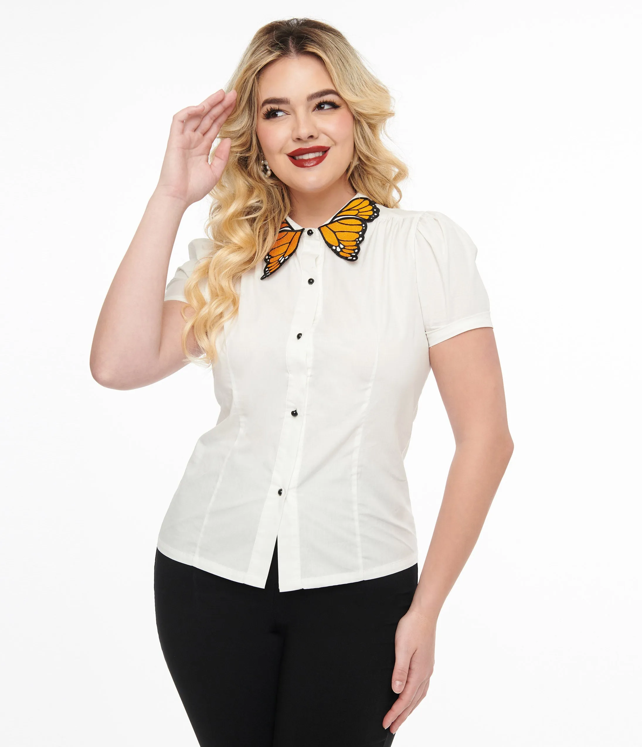 Unique Vintage 1940s White & Butterfly Collar Cotton Blouse sold by Unique Vintage product image thumbnail 3