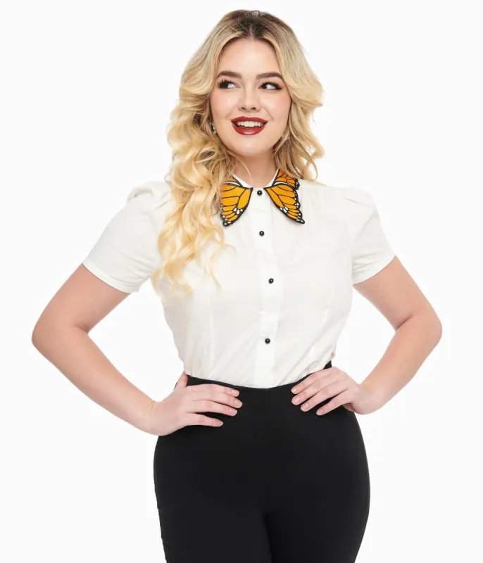 Unique Vintage 1940s White & Butterfly Collar Cotton Blouse sold by Unique Vintage