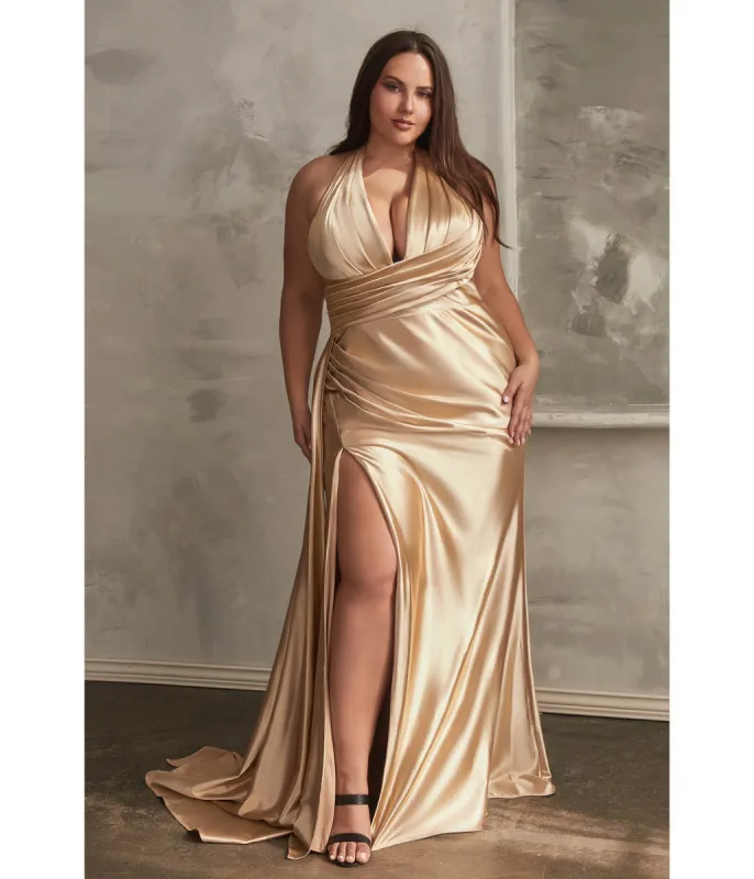 Ladivine by Cinderella Divine Plus Size Gold Pleated Satin Halter Fitted Slit Dress sold by Unique Vintage