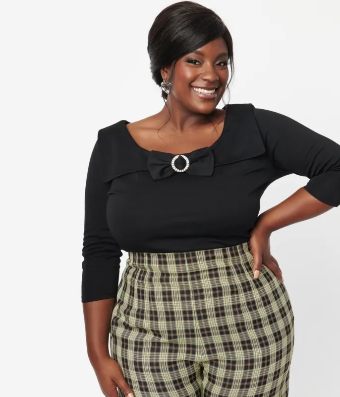 Unique Vintage Plus Size Black Wide Collar & Bow Top made by Unique Vintage