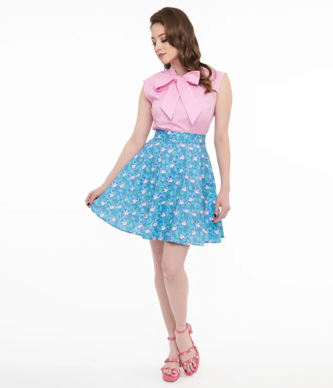 Retrolicious 1950s Blue & Pink Flamingo Print Cotton Skater Skirt sold by Unique Vintage