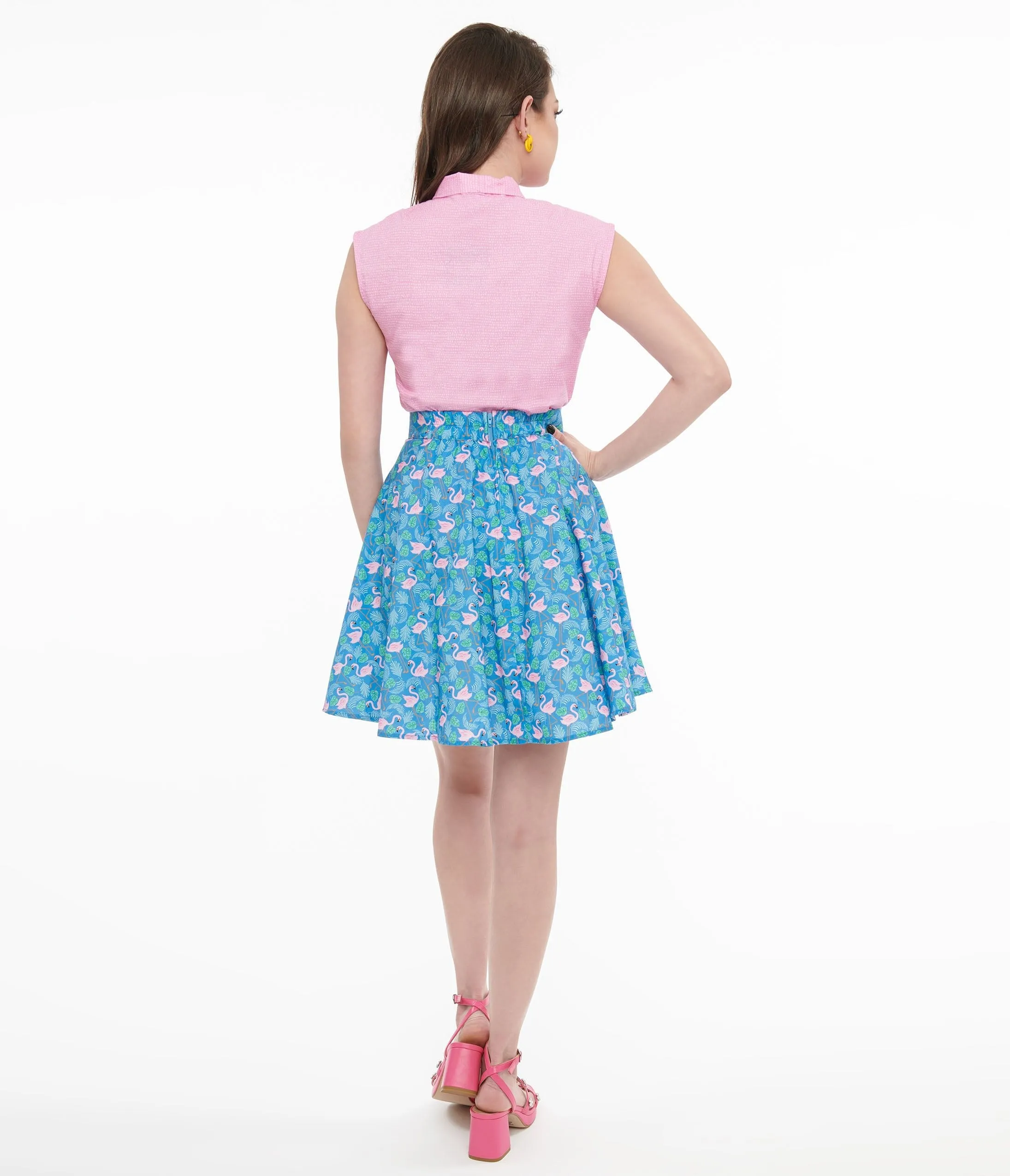 Retrolicious 1950s Blue & Pink Flamingo Print Cotton Skater Skirt sold by Unique Vintage product image thumbnail 3