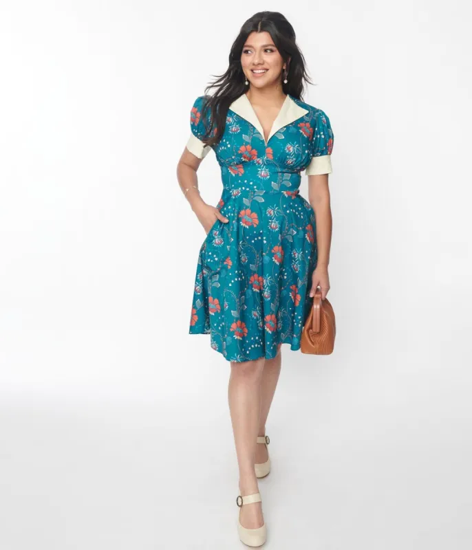 Unique Vintage 1940s Teal & Red Floral Chain Print Swing Dress sold by Unique Vintage