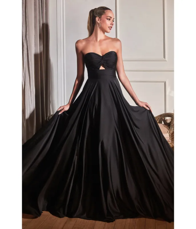 Ladivine by Cinderella Divine Black Satin Strapless Keyhole Evening Gown sold by Unique Vintage